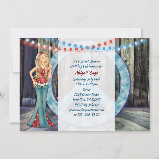 Hippie Girl, Peace Sign, Lights Sweet 16 Geburtsta Einladung (Rückseite)
