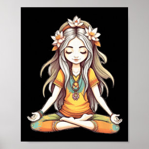 Hippie Groovy Mädchen in voller Lotus Yoga-Pose Ku Poster