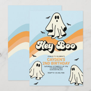 Hippie Halloween Retro Geist Hey Boo blau Einladung