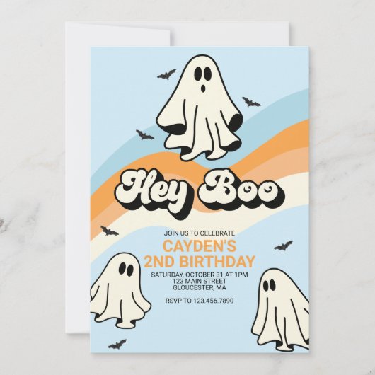 Hippie Halloween Retro Ghost Hey Boo blau Einladung (Vorderseite)
