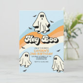 Hippie Halloween Retro Ghost Hey Boo blau Einladung (Stehend Vorderseite)