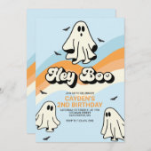 Hippie Halloween Retro Ghost Hey Boo blau Einladung (Vorne/Hinten)