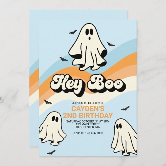 Hippie Halloween Retro Ghost Hey Boo blau Einladung (Vorne/Hinten)