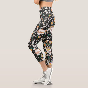 Hippie Halloween Skulls und Blume Muster Capri Leggings