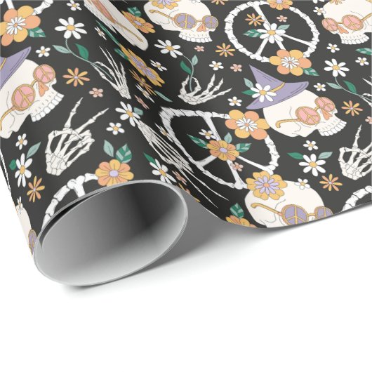 Hippie Halloween Skulls und Blume Muster Geschenkpapier (Rolleneckpunkt)