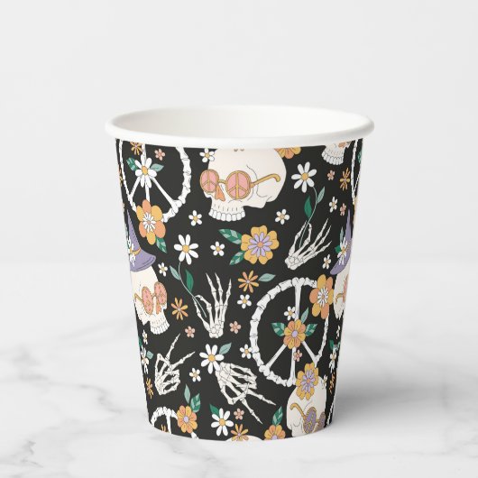 Hippie Halloween Skulls und Blume Muster Pappbecher (Rückseite)