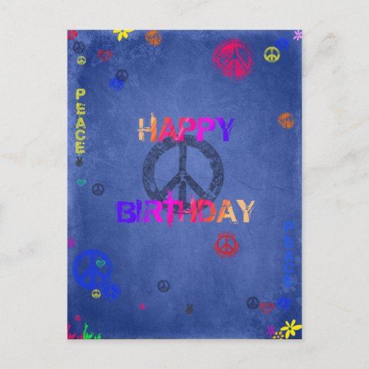Hippie Happy Birthday Card Blue Postcard Postkarte (Vorderseite)
