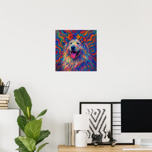 Hippie Happy Great Pyrenäen Dog Art Portrait Poster (Heimbüro)