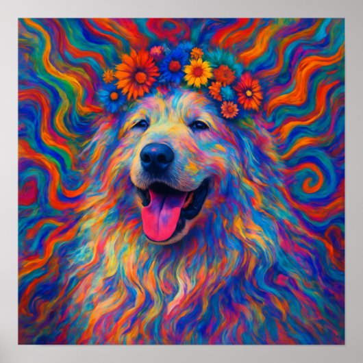 Hippie Happy Great Pyrenäen Dog Art Portrait Poster (Vorne)