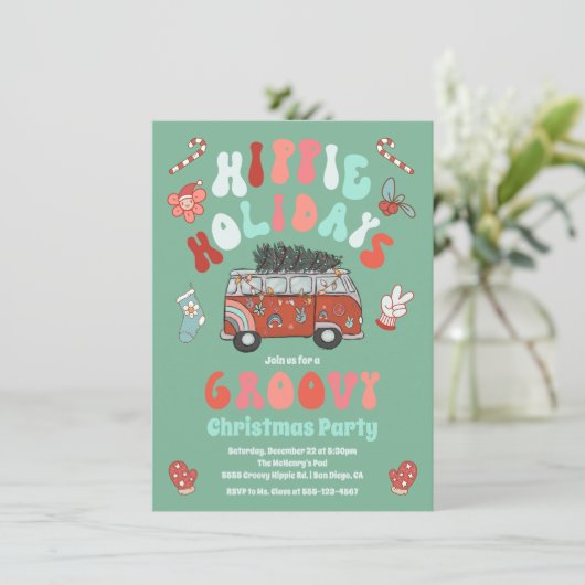 Hippie Holidays Weihnachten Retro Van Party Einladung (Stehend Vorderseite)