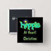 Hippie in Heart Turquoise Art Black Name Abzeichen Button (Vorne & Hinten)