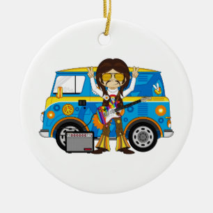 Hippie-Junge mit Gitarre u. Reisemobil Keramik Ornament