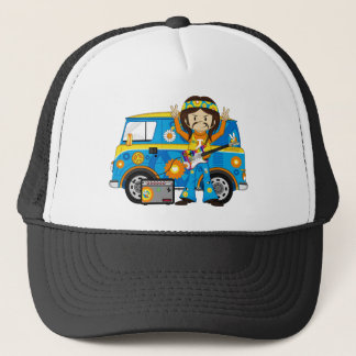 Hippie-Junge mit Gitarre und Reisemobil Truckerkappe