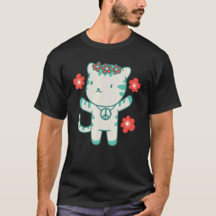Hippie-Katze mit Blumen und Friedenssymbol T-Shirt