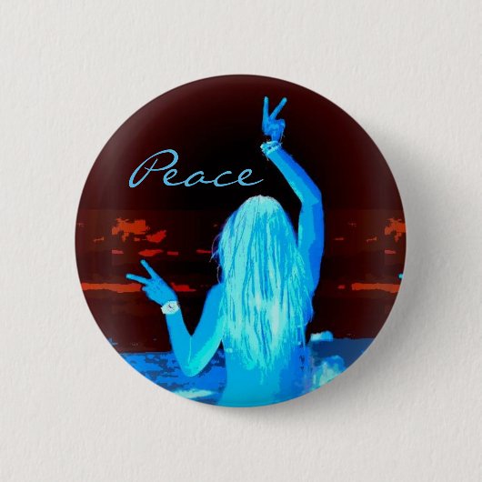 Hippie-Mädchen blinkt Friedenszeichen blau Button (Vorderseite)