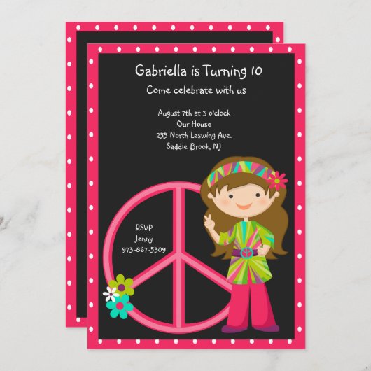 Hippie-Mädchen mit Friedenszeichen-Mädchen laden Einladung (Vorne/Hinten)