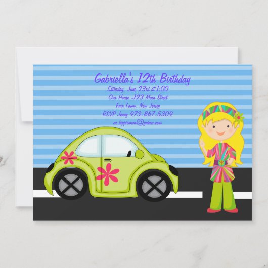 Hippie-Mädchen mit grüner Einladung (Vorderseite)