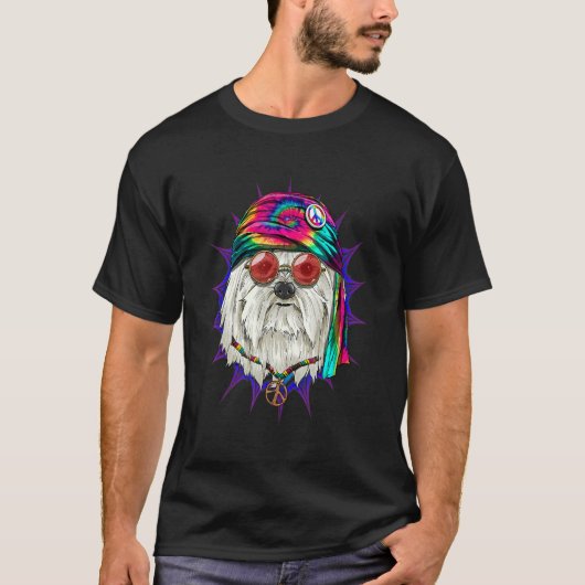 Hippie Maltese Tie Dye Peace Sign Psychedelic Dog T-Shirt (Vorderseite)