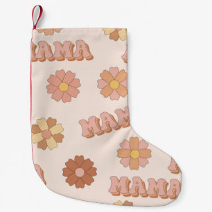 Hippie Mama nahtloses Muster. Groovy Hintergrund. Kleiner Weihnachtsstrumpf