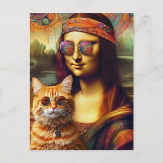 Hippie Mona Lisa und ihre Ingwerkatze Postkarte (Vorderseite)