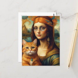 Hippie Mona Lisa und ihre Ingwerkatze Postkarte