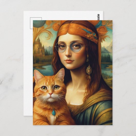 Hippie Mona Lisa und ihre Ingwerkatze Postkarte (Vorne/Hinten)