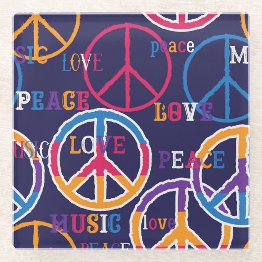 Hippie Peace: Lebhaftes Symboldesign. Glasuntersetzer (Vorderseite)