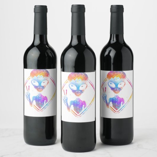 Hippie Peace Sign Outer Space - Alien Weinetikett (Flaschen)