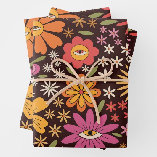 Hippie Psychedelic 70er Groovy Blume Augenmuster Geschenkpapier Set (Beispiel)