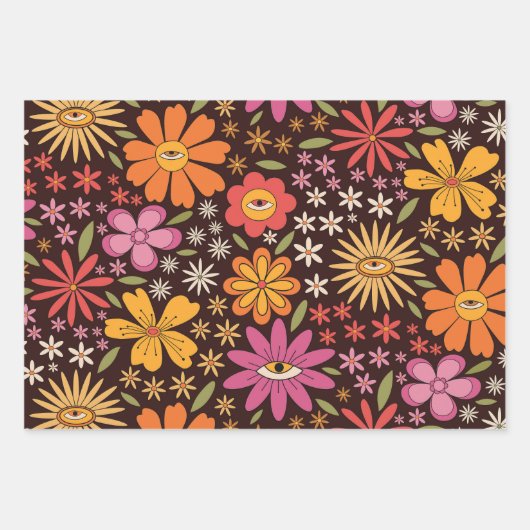 Hippie Psychedelic 70er Groovy Blume Augenmuster Geschenkpapier Set (Vorderseite)
