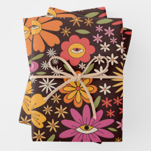 Hippie-Psychedelisches-70er-Groovy-Blumen-Augen-Mu Geschenkpapier Set