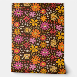 Hippie-Psychedelisches-70er-Groovy-Blumen-Augen-Mu Tapete