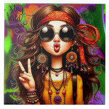 Hippie Quirky Girl Moon Keramik Tile