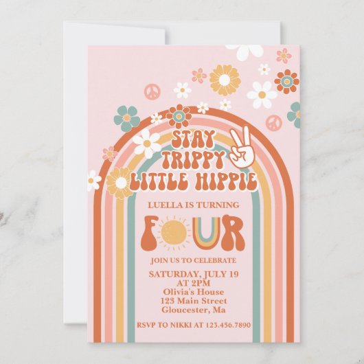 Hippie Rainbow 4. Geburtstag Einladung (Vorderseite)