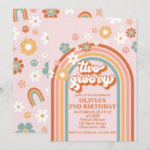 Hippie Regenbogen Zwei Groovy 2. Geburtstagseinlad Einladung