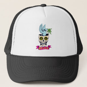 Hippie-Retro-Friedens-Totenkopf-Vektor-Kunst Truckerkappe