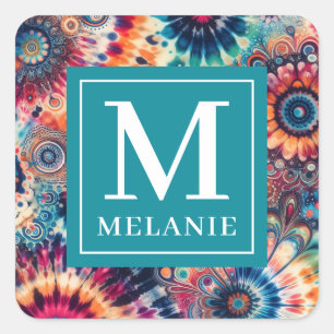 Hippie Retro Krawatte-Dye Mit Monogramm Quadratischer Aufkleber