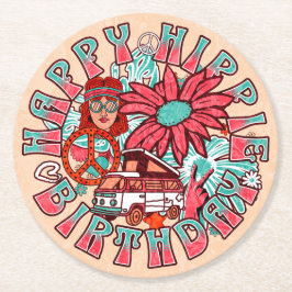 Hippie Retro Vintag Colors Geburtstag Runder Pappuntersetzer