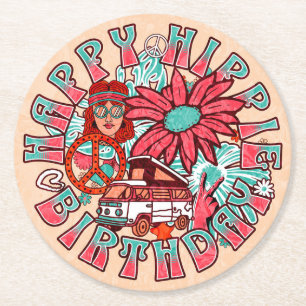 Hippie Retro Vintage Farben Geburtstag Runder Pappuntersetzer