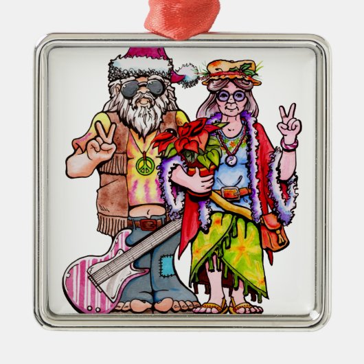 Hippie Santa Couple Ornament Aus Metall (Vorne)