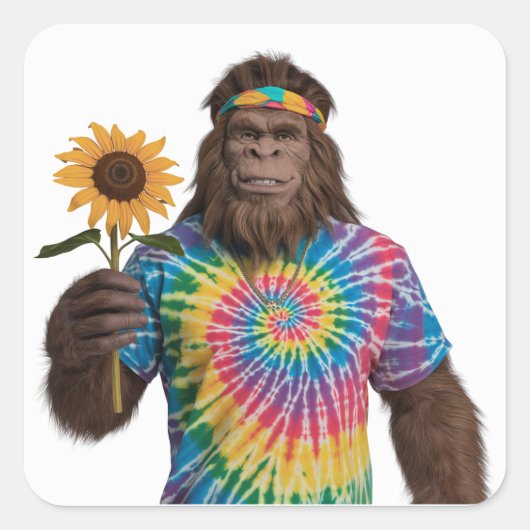 Hippie Sasquatch in Tiedye mit Sonnenblumen Quadratischer Aufkleber (Vorderseite)
