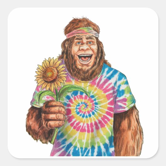 Hippie Sasquatch mit Sonnenblume Quadratischer Aufkleber (Vorderseite)