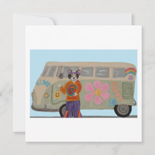 Hippie-Smoking-Tuxedo-Katze mit Flower-Child-Van Einladung