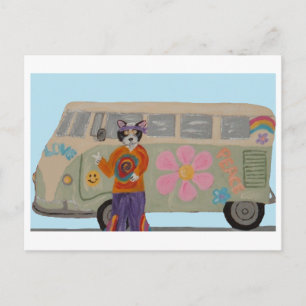 Hippie-Smoking-Tuxedo-Katze mit Flower-Power-Van Postkarte