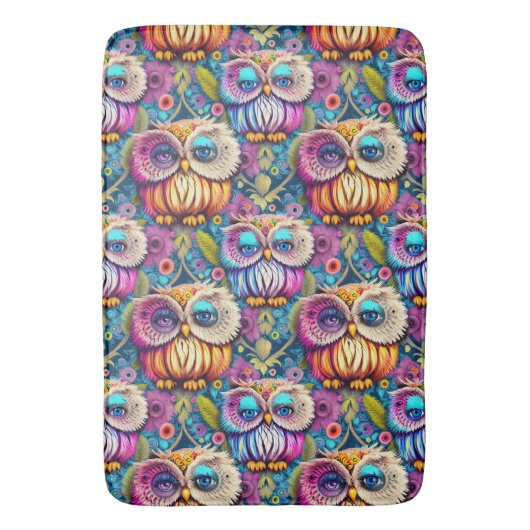 Hippie Trippy Psychedelic Colorful Owl Badematte (Vorderseite Vertikal)