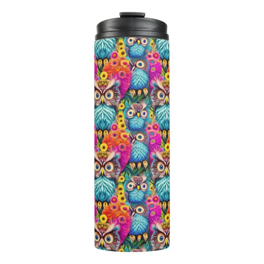 Hippie Trippy Psychedelic Colorful Owl Thermosbecher (Vorderseite)