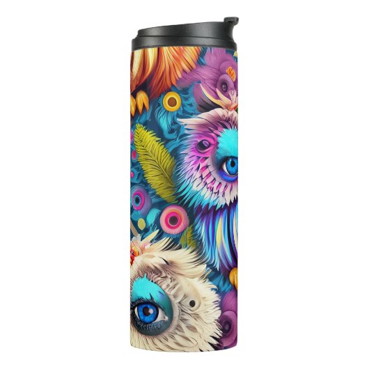 Hippie Trippy Psychedelic Colorful Owl Thermosbecher (Nach links gedreht)
