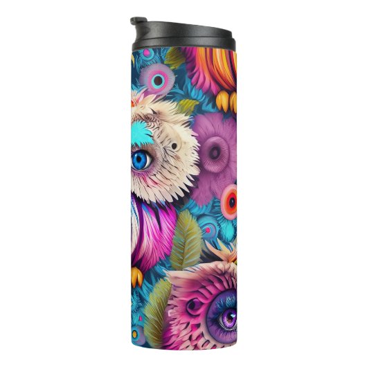 Hippie Trippy Psychedelic Colorful Owl Thermosbecher (Nach rechts gedreht)