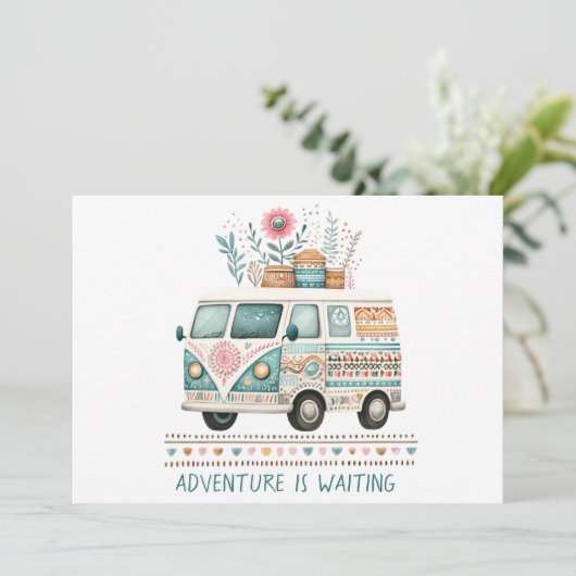 Hippie- Van mit Blumen- personalisierbare Einladung (Stehend Vorderseite)