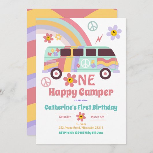 Hippie Van One Happy Camper Erster Geburtstag Einladung (Vorne/Hinten)